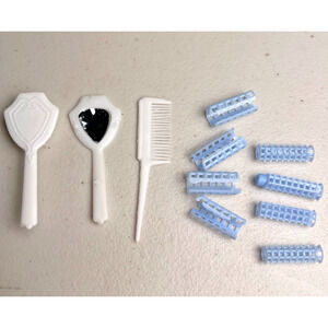 Vintage Barbie Vanity White Brush Comb Mirror Hair Rollers Doll Accessories Lot